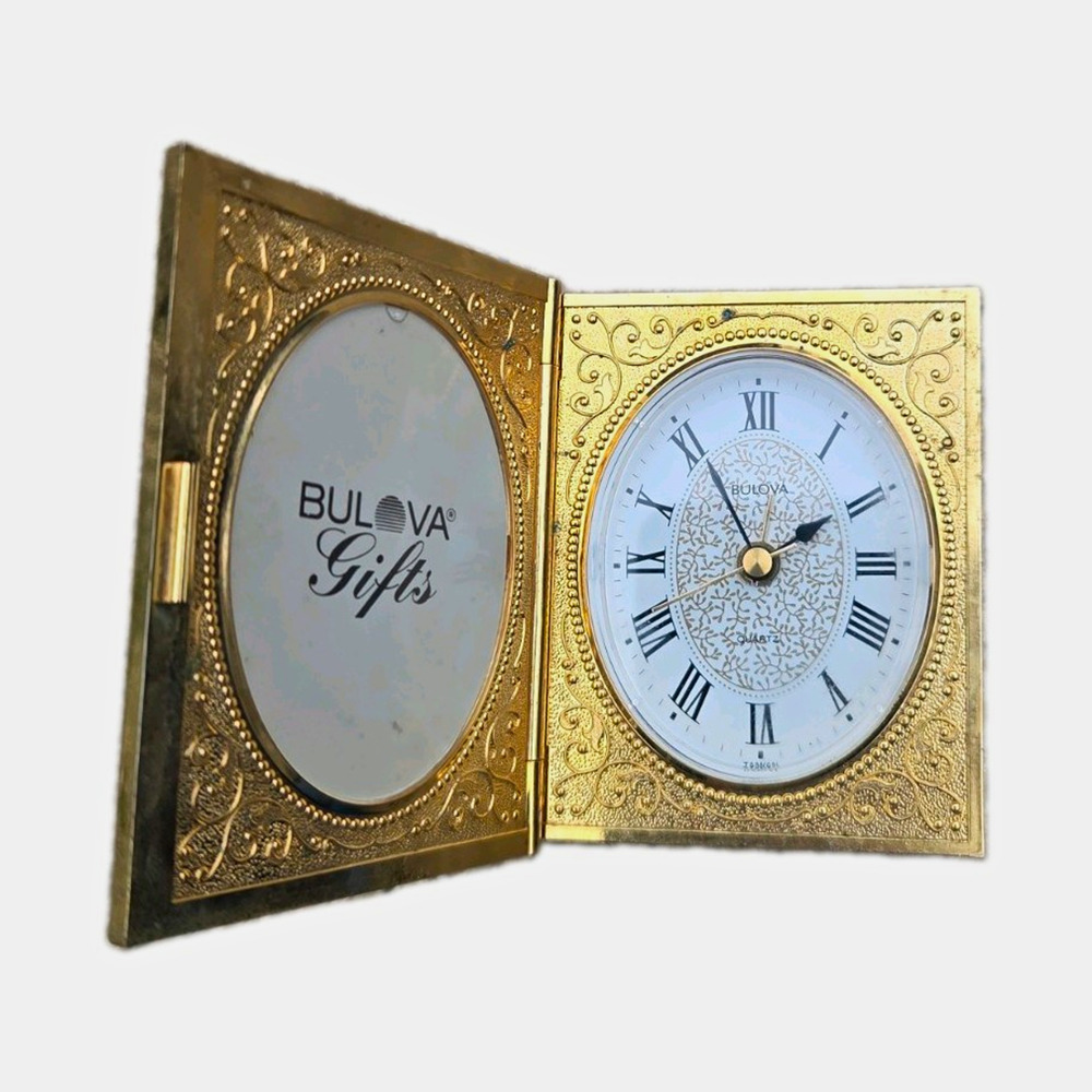 Bulova Gold Tone Metal Analog Desk Clock Rectangle Roman Numeral Dial